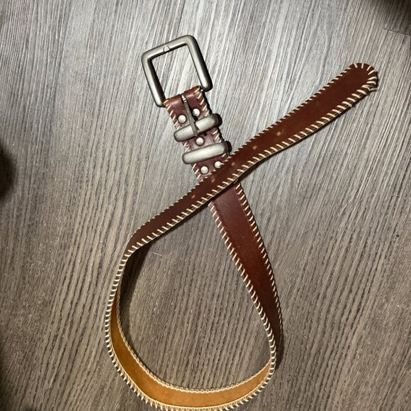 VINTAGE WESTERN brown leather belt with white stitch detailing - silver buckle main image 6